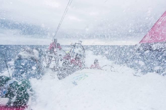 Onboard Team SCA - Wind and swell have picked up. Wet on deck - Leg five to Itajai -  Volvo Ocean Race 2015 © Anna-Lena Elled/Team SCA